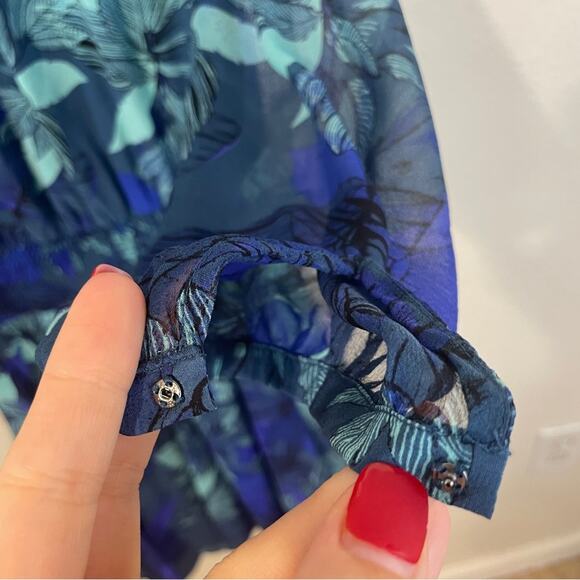 Rebecca Taylor Smocked Tahitian Flower 100% Silk Chiffon Dress Blue Floral Sz 4 - Picture 10 of 11